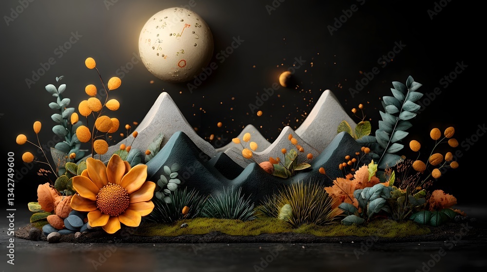 Poster surreal landscape with mountains shaped like interest rate graphs an abstract representation of econ