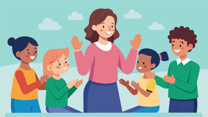 The class learns a new fingerplay and follows along with the teacher their small hands moving in sync.. Vector illustration