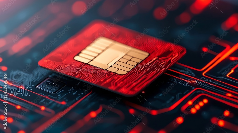 Poster a close-up of a red circuit board featuring a golden sim card chip, highlighting the integration of 