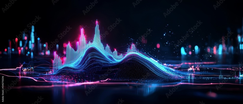 Poster a vibrant, neon-themed visualization of sound waves and data, showcasing intricate patterns and move