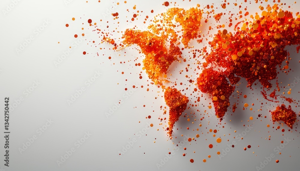 Poster a colorful, abstract representation of a world map made from orange dots against a minimalist backgr