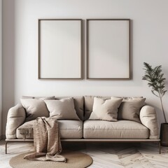 Two blank frames hang above a beige sofa with throw blanket in a minimalist living room with a jute rug and a potted plant