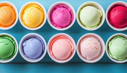 Colorful ice cream scoops in bowls arranged in row, showcasing various flavors like orange, pink, green, and purple, creating vibrant and inviting dessert display