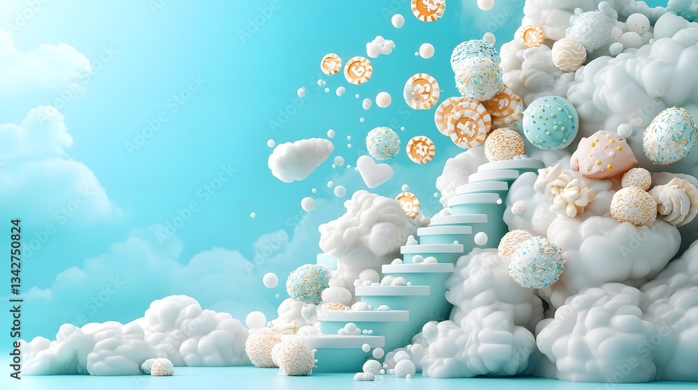 Poster abstract staircase made up of percentage symbols ascending into the sky visualizing the concept of i