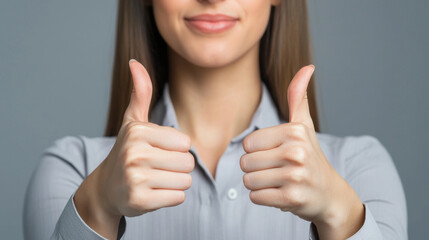 Business woman giving thumbs up, expressing positivity and confidence in professional setting. Her smile and gesture convey encouragement and approval