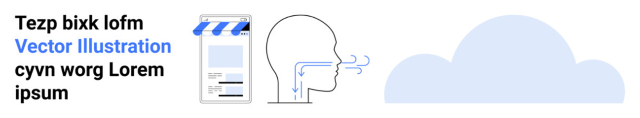 Human head with airflow arrows, paper document, and cloud symbol. Ideal for health, education, technology, data visualization, air quality, learning materials simple landing page