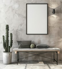 Modern interior design with a bench. cactus. and a blank frame on a concrete wall