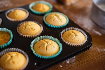 Freshly baked cupcakes in a tray, golden and fluffy. Cupcakes in colorful liners, ready to enjoy. Perfect cupcakes for a sweet treat or dessert. Baked cupcakes in a tray in a kitchen.