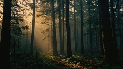 Moody Dramatic Cinematic Forest Sunlight Through Fog