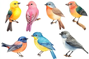 set of watercolor colorful songbirds hand drawn on a white background