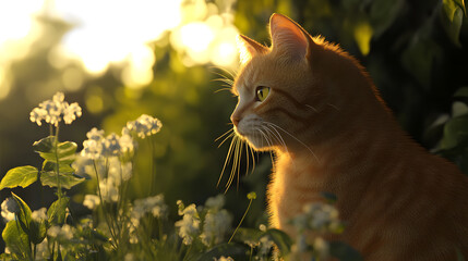 Close-up of an orange cat and white flowers in the sunlight