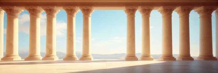Fototapeta premium Ancient Greek style Roman columns create majestic view, showcasing architectural beauty and elegance against serene sky. sunlight enhances grandeur of scene