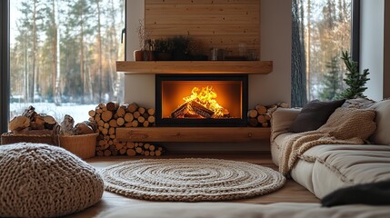 A cozy, inviting atmosphere, perfect for relaxing winter moments, is created by a modern fireplace with burning birch logs