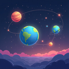 Naklejka premium Cartoon Planets, Space, Solar System - Whimsical illustrations