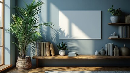 A cozy, stylish atmosphere is created by a minimalist interior, white canvas mockup, shelf, plant, and books