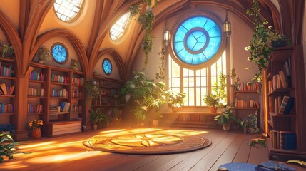 Obraz premium Cozy atmosphere enhanced by bookshelves and greenery.