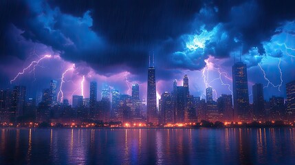 Obraz premium A dramatic, powerful scene- nature's fury over modern civilization, as multiple lightning strikes illuminate a vast cityscape at night