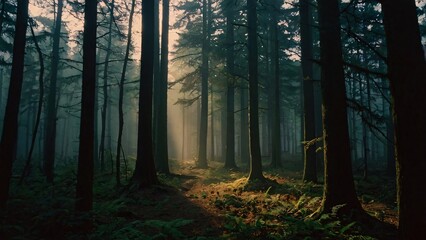 Fototapeta premium Sunlit Path Through a Misty Forest
