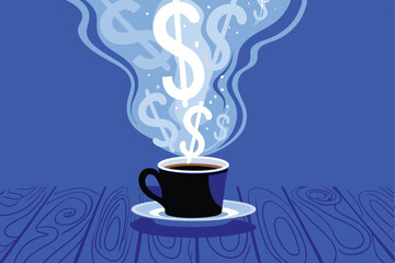 A steaming coffee cup, with swirling steam forming dollar signs, illustrating the cost and comfort of caffeine.