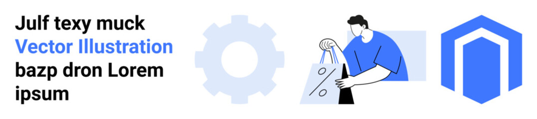 Person holding a shopping bag, surrounded by a gear wheel and a hexagonal shape. Ideal for e-commerce, online shopping, digital marketing, technology, internet services, business and retail. Landing