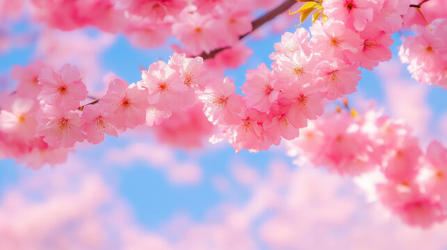 Blossoming cherry trees display vibrant pink flowers against clear blue sky, creating serene and picturesque scene. delicate petals evoke feelings of tranquility and beauty - Powered by Adobe