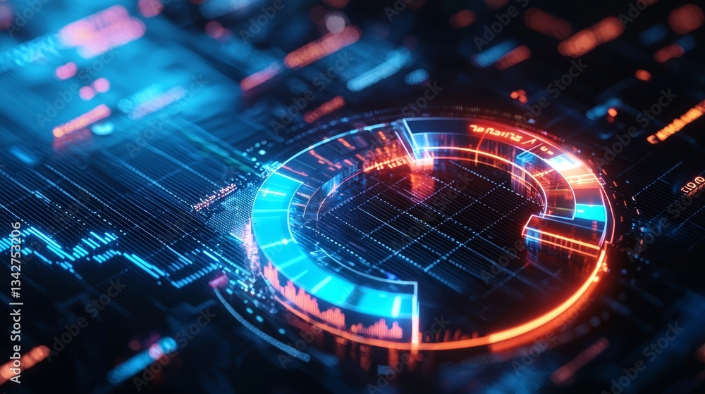 Poster a vibrant digital graphic featuring a circular design with glowing elements, representing data proce