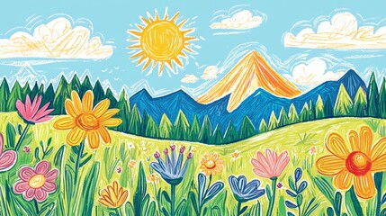 Fototapeta premium A whimsical depiction of nature with crayon-drawn clouds and a scenic land.