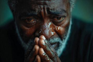 A deeply emotional portrait of an elderly man expressing sorrow and despair, ideal for projects related to grief, faith, or support services.
