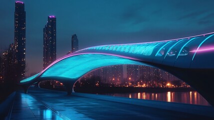 Obraz premium Futuristic Cityscape: Illuminated Bridge and Urban Skyline at Night