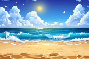 Beach day scene Waves roll in as birds fly over sand, ideal background use