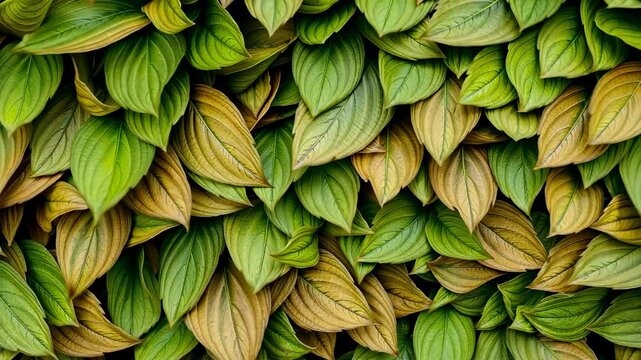 Detailed Close Up of Lush Green and Gold Leaves Natural Texture Background