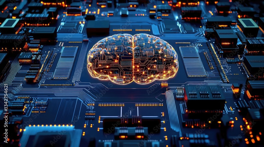 Poster artificial intelligence brain network and database concept. futuristic digital brain on a circuit bo
