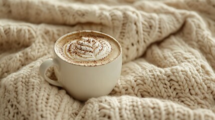 A cappuccino with latte art on beige knitted blanket vintage vibe