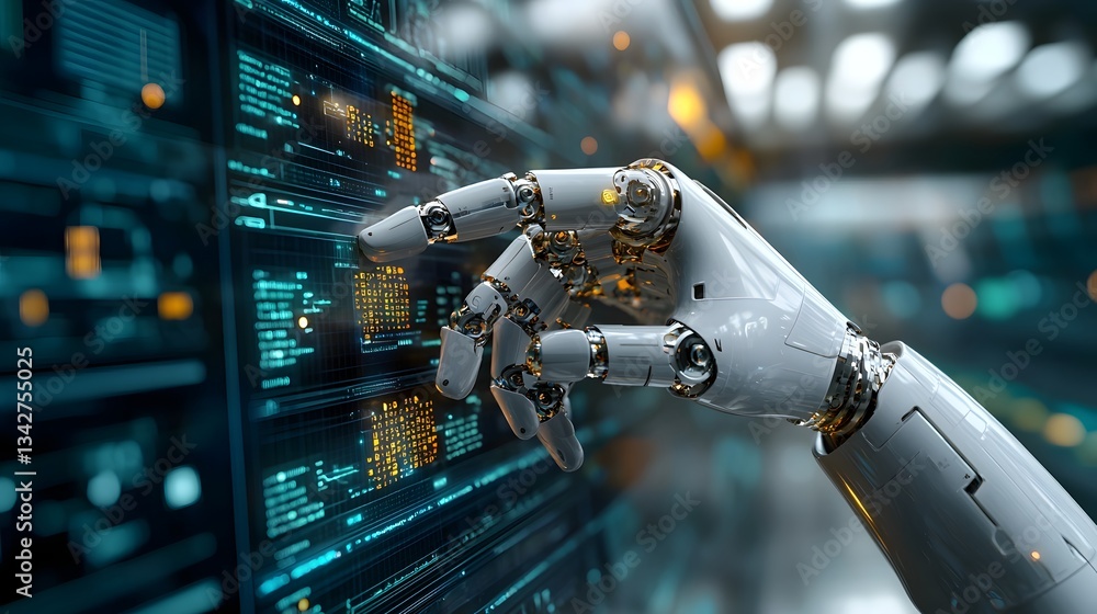 Poster closeup of a 3d printed robotic hand adjusting a sleek futuristic finance control panel equipped wit