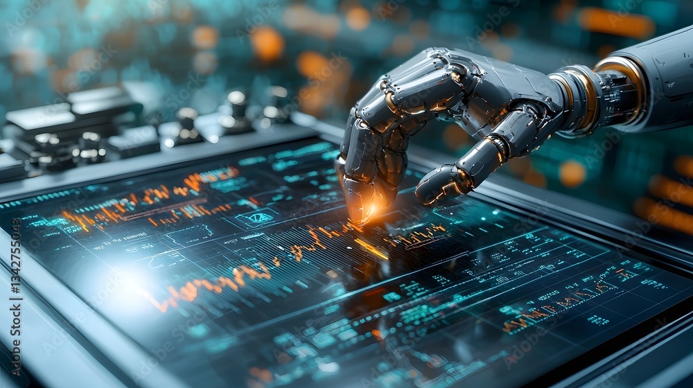 Poster ai powered 3d printed robot hand adjusting futuristic financial control panel for automated interest