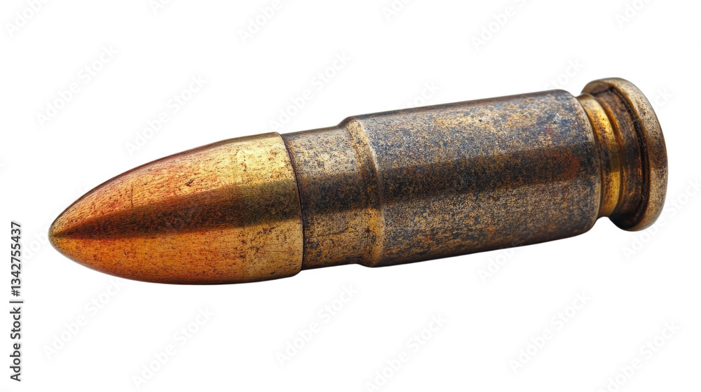 Poster the bullet: a macro shot of a single, metallic bullet. the bullet's design and the color of the meta