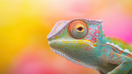 Obraz premium Colorful chameleon with vibrant scales against soft, blurred background. This macro wildlife photography captures intricate details and beauty of this fascinating reptile