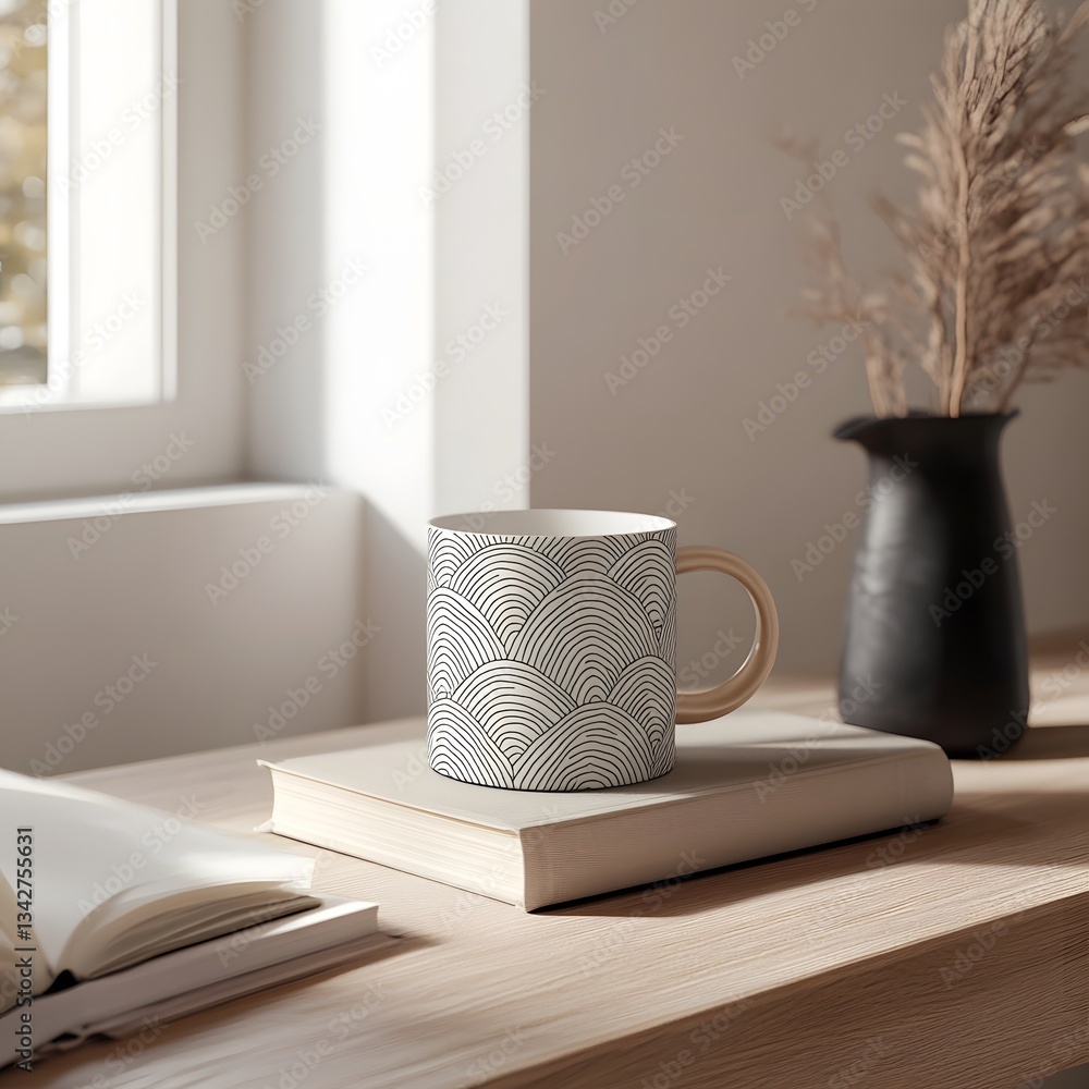 Poster modern mug with abstract pattern on wooden table near book and window