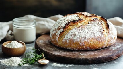 A rustic loaf of sourdough bread, its surface studded with golden bubbles, sits alongside its ingredients: flour, water, yeast, and a sprig of fresh thyme, inviting viewers to embark on a journey of
