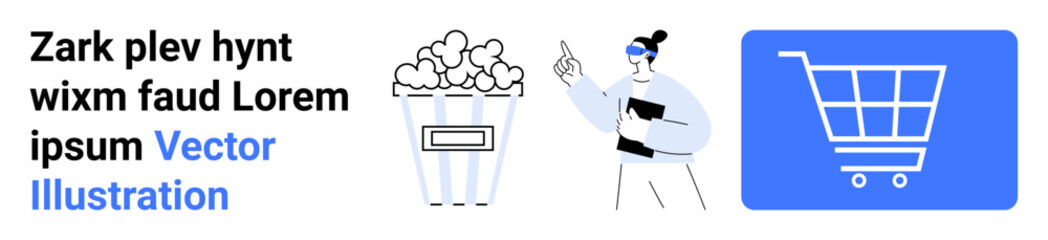 Popcorn bucket, person holding tablet and gesturing, shopping cart with wheels. Ideal for e-commerce, food delivery, retail, technology, entertainment, digital marketing simple landing page