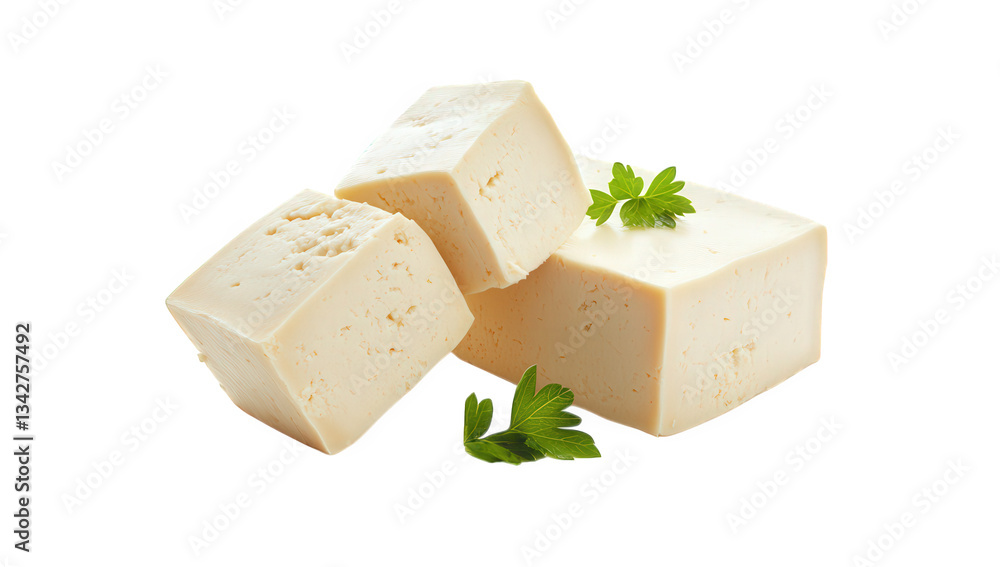 Poster three blocks of soft cheese arranged on a white background garnished with fresh parsley highlighting