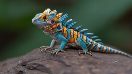 Fototapeta premium Colorful lizard with vibrant blue and orange scales resting on rock, showcasing its unique spines and intricate patterns in natural setting