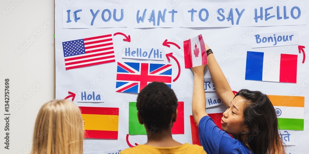 Aufkleber a diverse group of people learning languages. flags and greetings on a board. language learning with