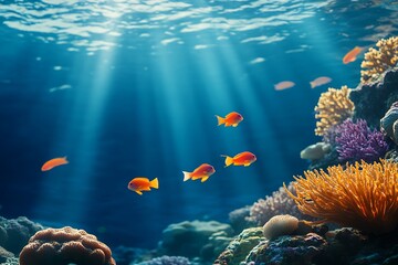 Fototapeta premium Fish swim near coral reef, sunbeams shining. Marine life for stock photos
