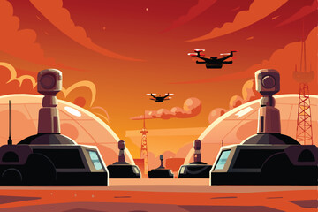 A sleek, futuristic military base showcasing advanced drone technology;  high-tech weaponry integrated into the architecture.