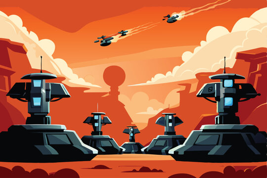 A sleek, futuristic military base showcasing advanced technology, including multiple high-tech drones taking flight and advanced weaponry.