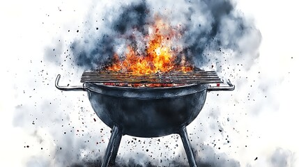Flaming Grill Explosion Dramatic Watercolor Art