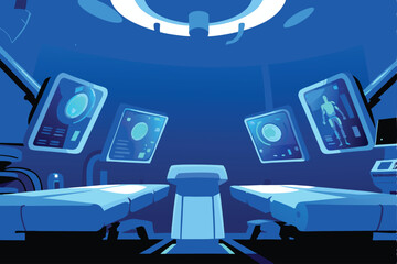 A sterile, futuristic operating room gleams under holographic displays showing patient vitals and surgical plans.  Advanced medical technology is evident.