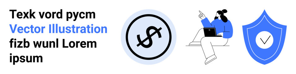 Dollar sign representing money, shield symbolizing security, and person using a laptop. Ideal for finance, cybersecurity, investment, protection, data analysis, online services simple landing page