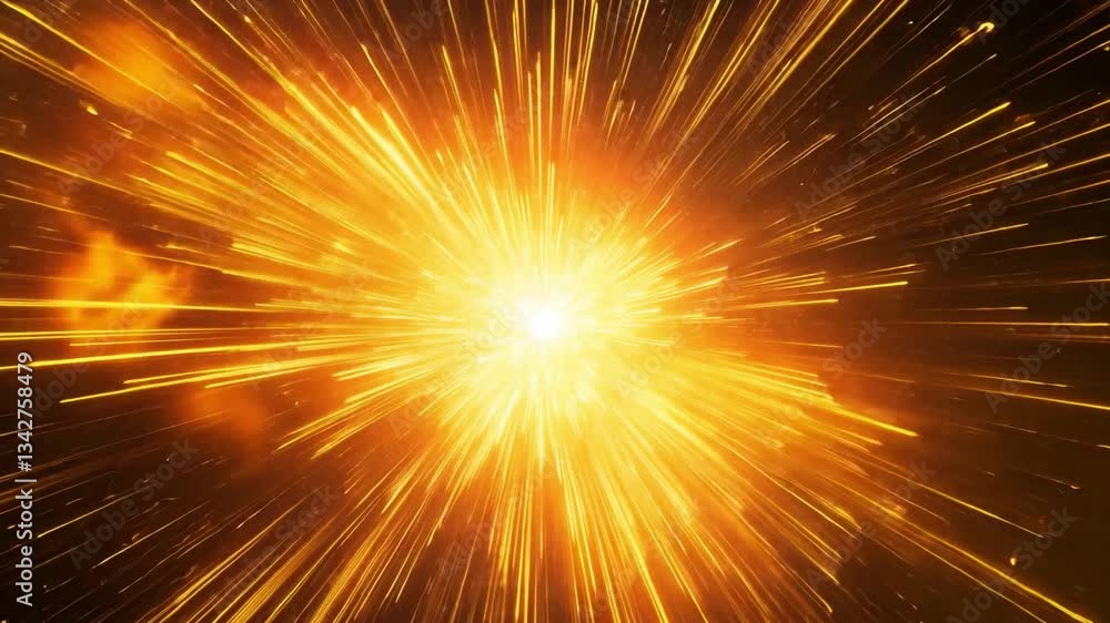 Poster dynamic explosion of bright golden light radiating outward, creating energetic visual effect that ca